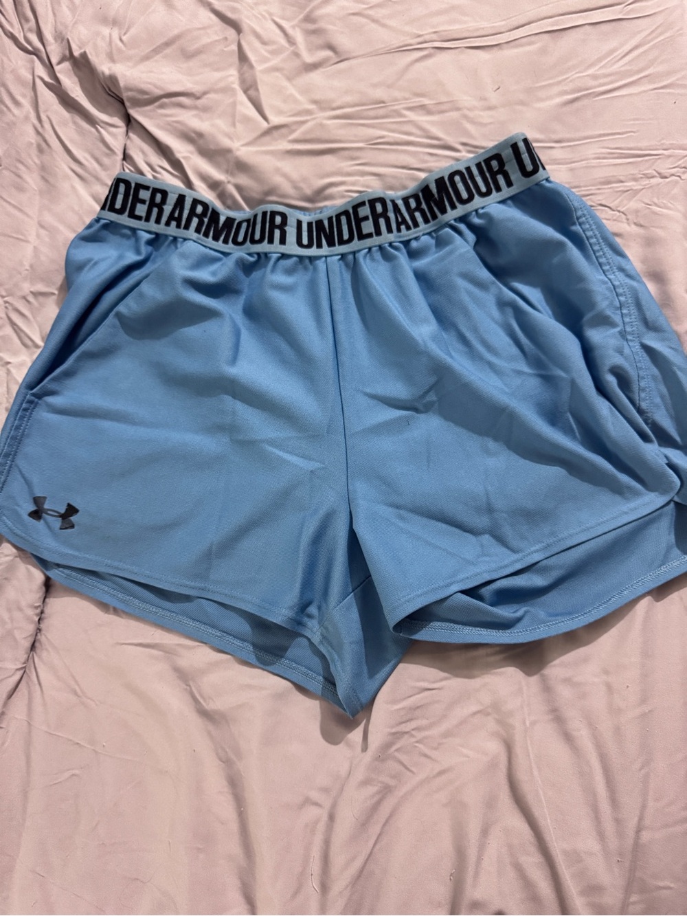 Under Armour Women's Sky Blue Athletic Shorts with Logo Waistband